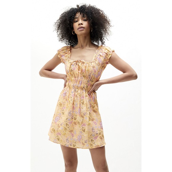 Charlie Holiday Dresses & Skirts - CHARLIE HOLIDAY Marley Mini Dress Womens 6 Orange Paisley Short Sleeve Linen NEW